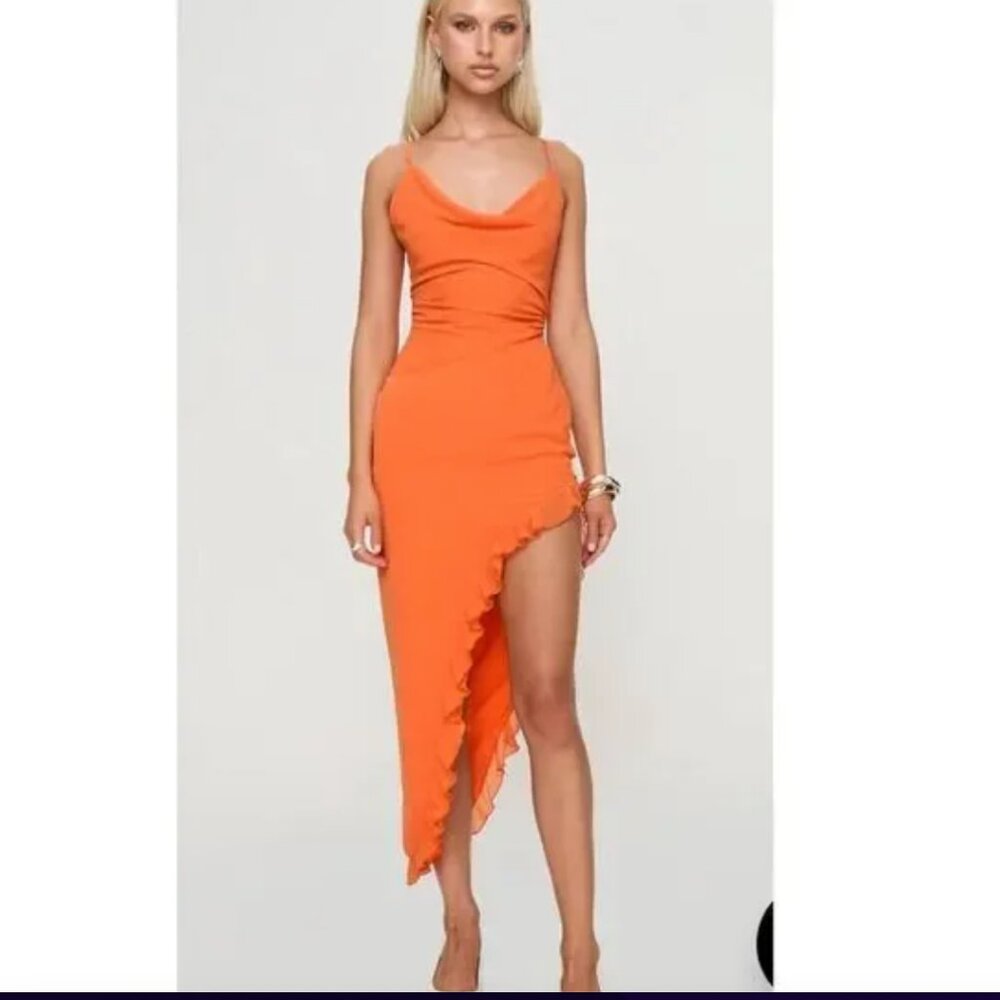NWT Princess Polly AZUREA Cowl Asymmetric Ruffle chiffon Midi dress Orange sz 6